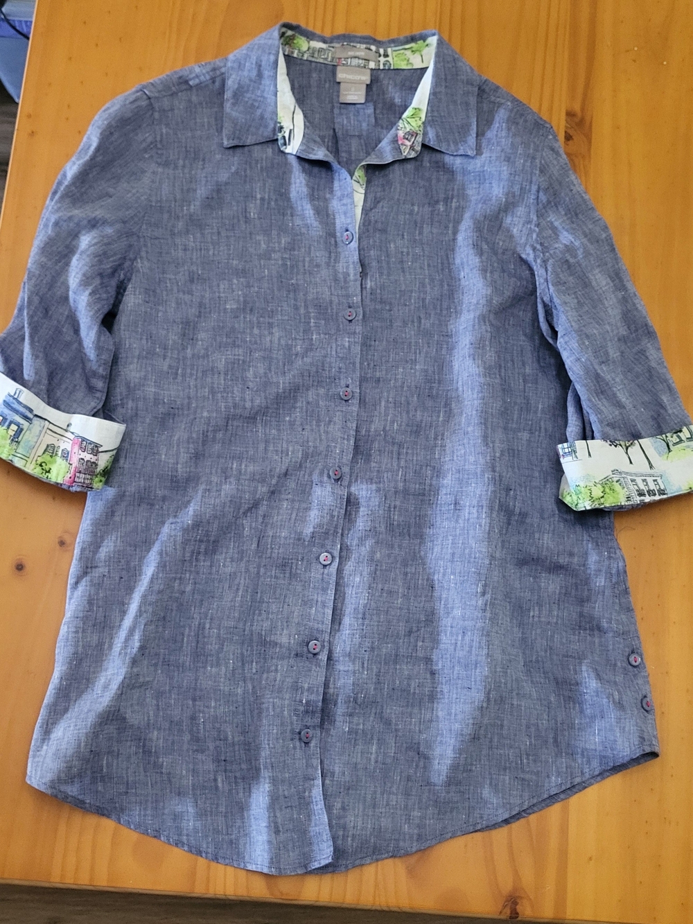 100% Linen Chico's Blue Button Down with Printed Trim